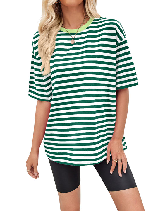 Damen gestreiftes Oversize T-Shirt mit Rundhalsausschnitt und Kontrastdetails R&B