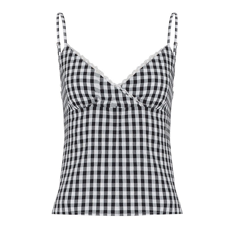Damen V-Ausschnitt Vichy-Trägertop mit Spitzendetails R&B