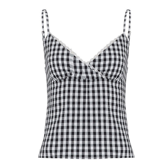 Damen V-Ausschnitt Vichy-Trägertop mit Spitzendetails R&B