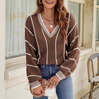 Damen lässiger V-Ausschnitt Pullover mit Streifenmuster