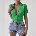 Damen Kurzarm Bluse mit strukturiertem Material und V-Ausschnitt R&B