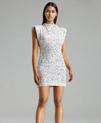 Damen Funkelndes Pailletten-Minikleid mit Stehkragen und Schulterpolstern