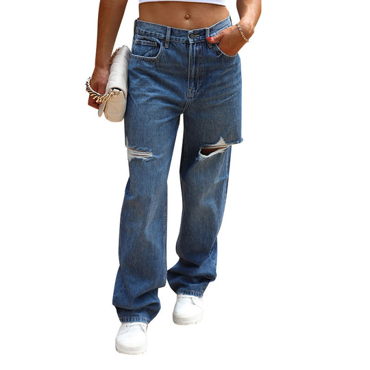 Damen lässige Boyfriend Jeans im Vintage-Stil mit auffälligen Rissen R&B