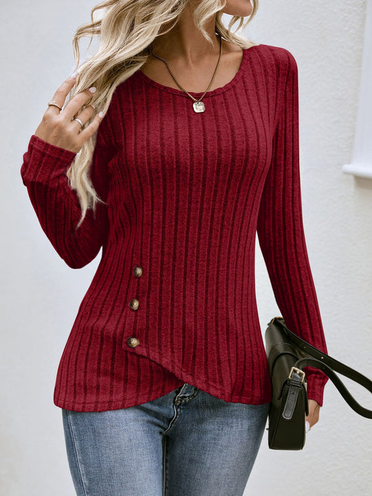 Damen lässiger asymmetrischer Pullover mit Knopfdetails R&B