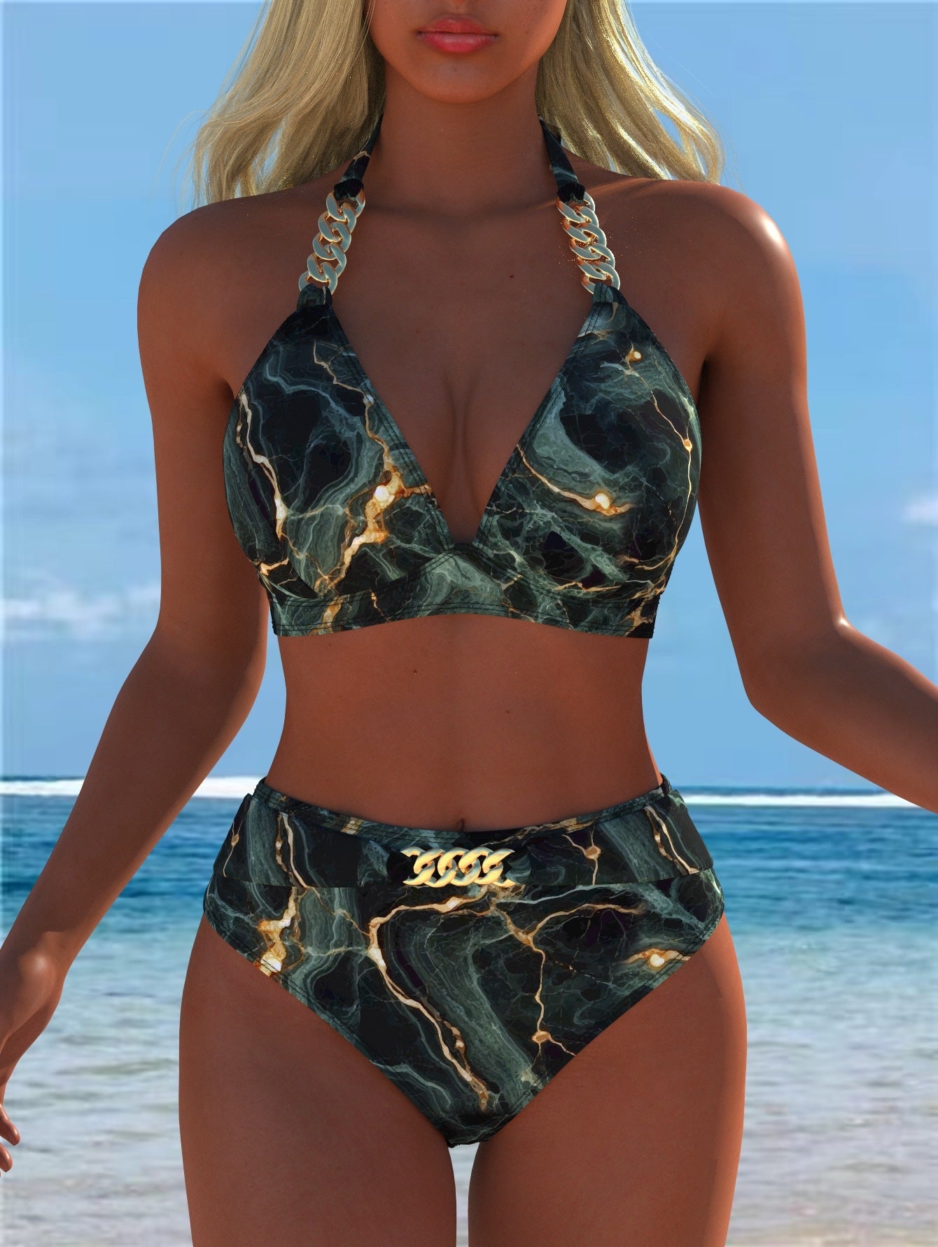 Damen Bikini mit luxuriösem Marmormuster und edlen Details R&B