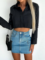 Damen cropped Bluse mit elegantem Kragen und schimmerndem Finish R&B