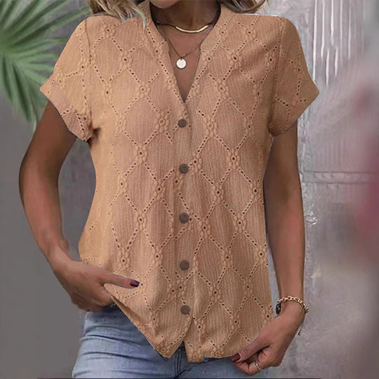 Damen nan kurzärmlige Broderie-Bluse mit V-Ausschnitt und durchgehender Knopfleiste R&B