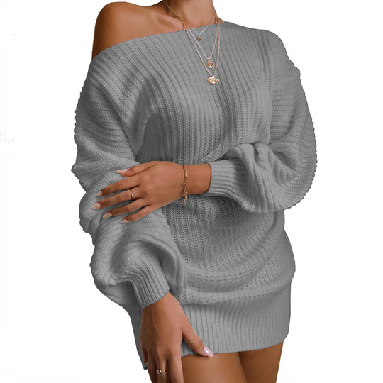 Damen Strickkleid mit schulterfreiem Design und voluminösen Ärmeln R&B