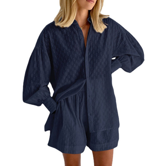Damen lässiges Hemd-Shorts-Set mit elegantem Webmuster R&B