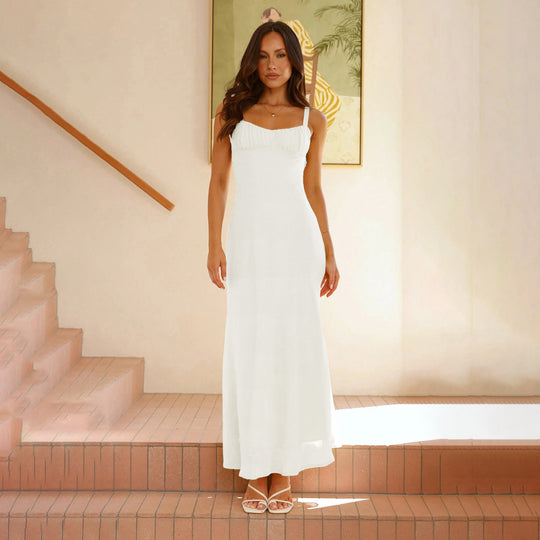 Damen Elegantes Maxikleid mit sanften Rüschendetails und schmalen Trägern R&B