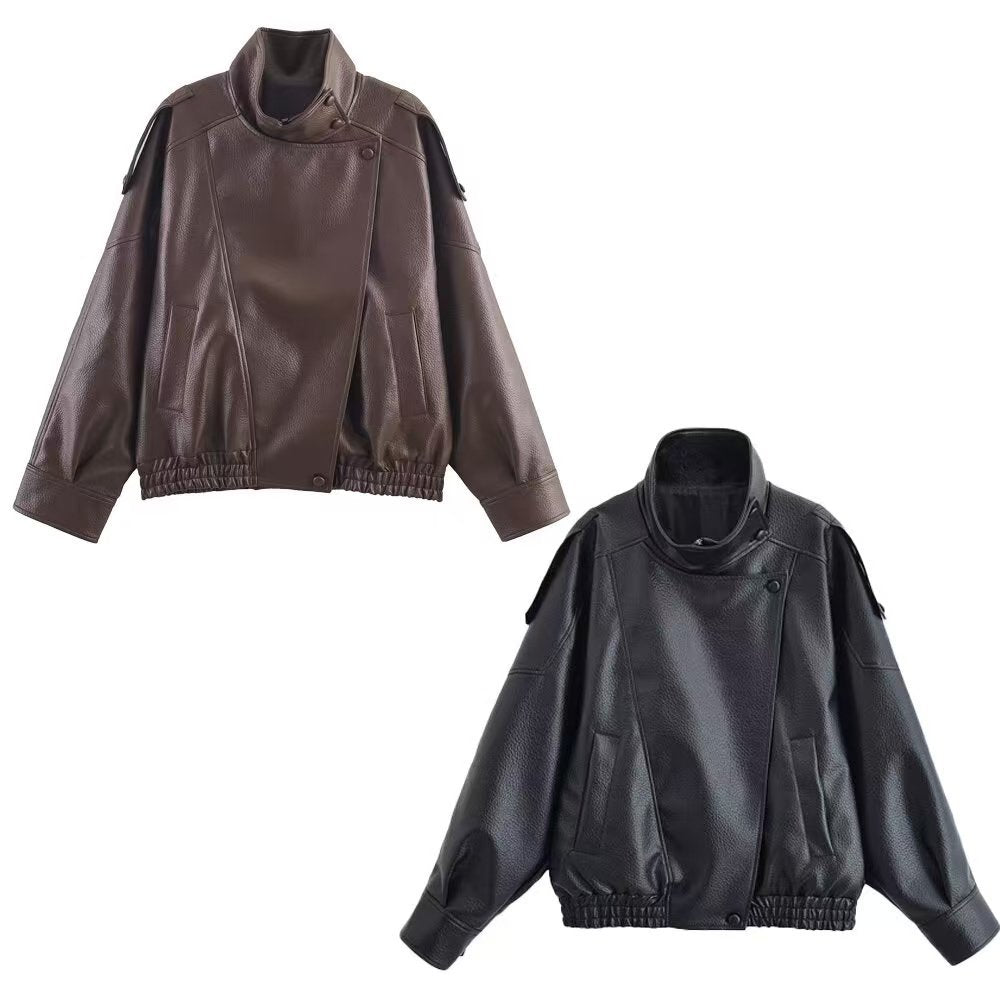 Damen nan Oversize Kunstleder-Bomberjacke mit hohem Stehkragen, Druckknopfblende und smockbündchen R&B