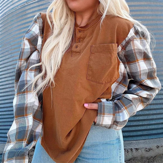 Damen nan weiter Henleypullover im Lagenlook mit karierten Ärmeln und Brusttasche R&B
