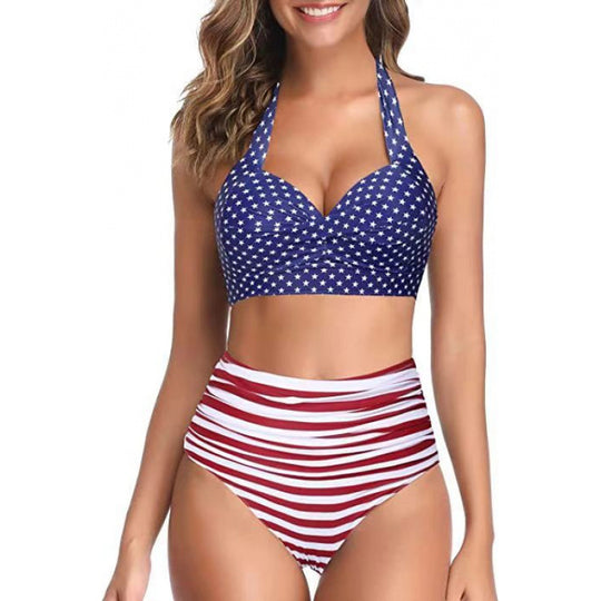 Damen Hochtaillierter Karobikini mit gerafftem Oberteil R&B