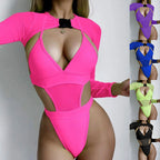 Damen Einteiler Badeanzug mit modischem Cut-Out und langen Ärmeln R&B