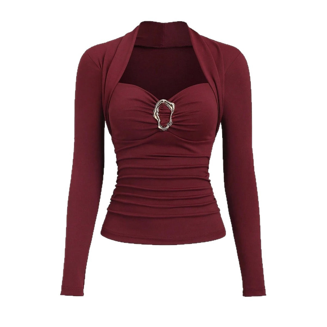 Damen nan figurbetontes Raffung-Top mit herzförmigem Dekolleté, Bustier-Optik und goldener Schmuckklemme R&B