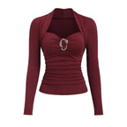 Damen nan figurbetontes Raffung-Top mit herzförmigem Dekolleté, Bustier-Optik und goldener Schmuckklemme R&B