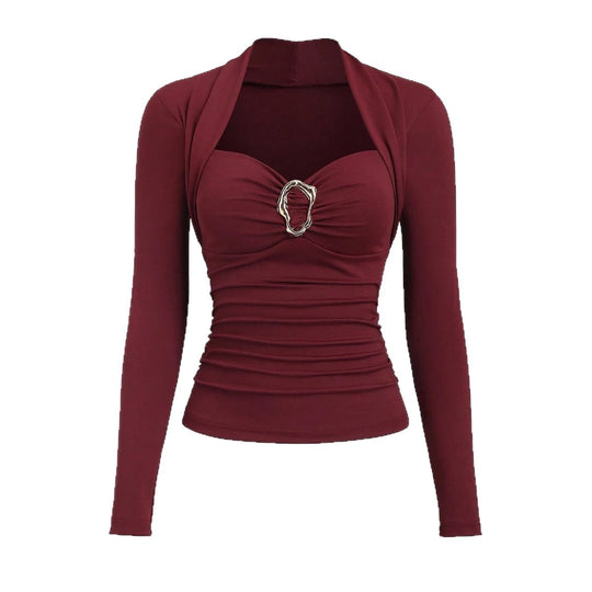 Damen nan figurbetontes Raffung-Top mit herzförmigem Dekolleté, Bustier-Optik und goldener Schmuckklemme R&B