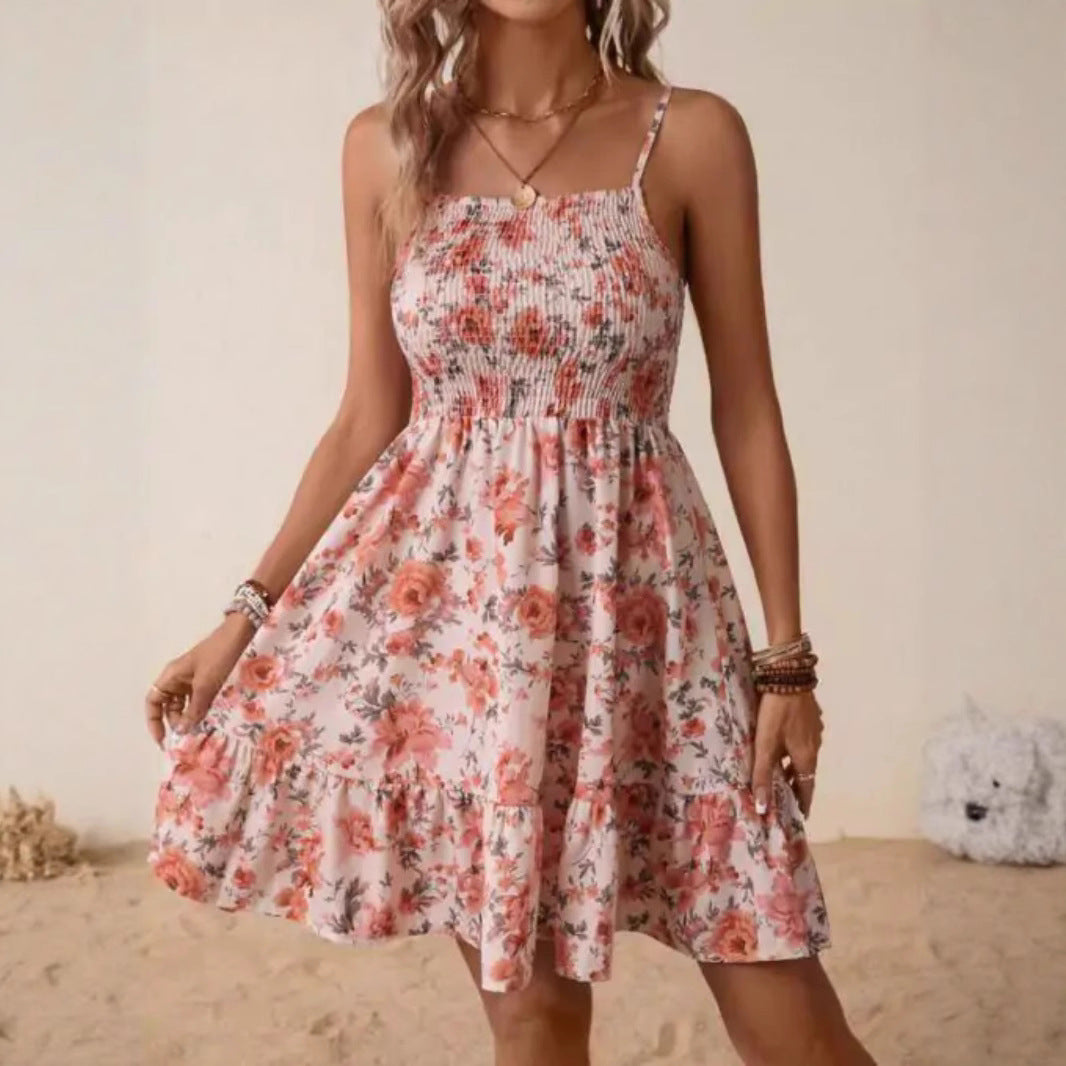 Damen florales Sommerkleid mit gerafftem Oberteil und schwingendem Saum R&B