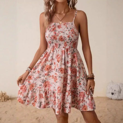 Damen florales Sommerkleid mit gerafftem Oberteil und schwingendem Saum R&B