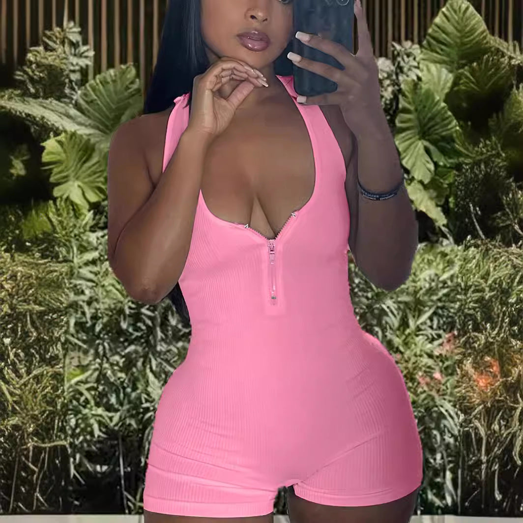 Damen Jumpsuit mit tiefem Ausschnitt und Reißverschluss R&B
