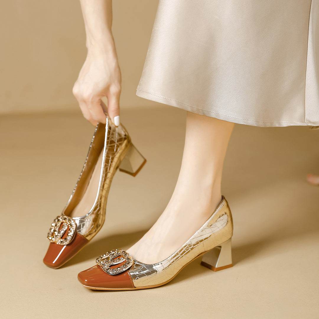 Damen elegante Pumps mit funkelndem Schmuckdetail und quadratischem Absatz R&B