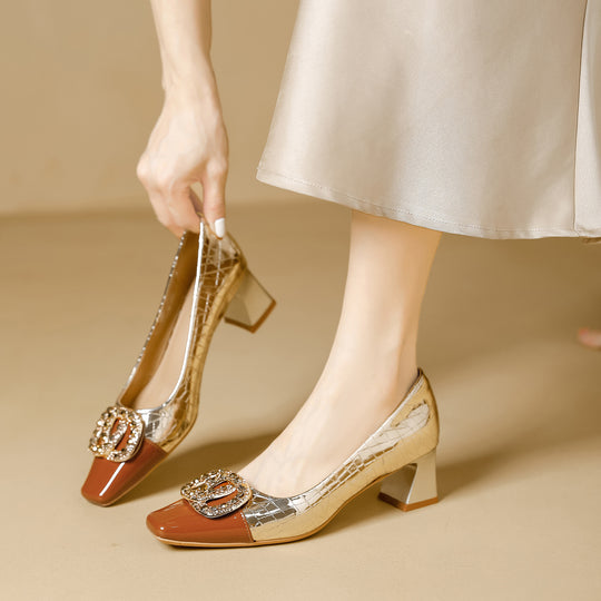 Damen elegante Pumps mit funkelndem Schmuckdetail und quadratischem Absatz R&B