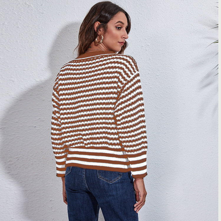 Damen Grobstrickpullover mit modischem Wellenmuster und weitem Schnitt R&B