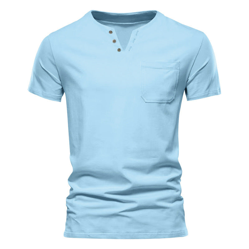 Herren nan tailliertes Kurzarm-Henleyshirt mit Brusttasche und asymmetrischer Knopfleiste R&B