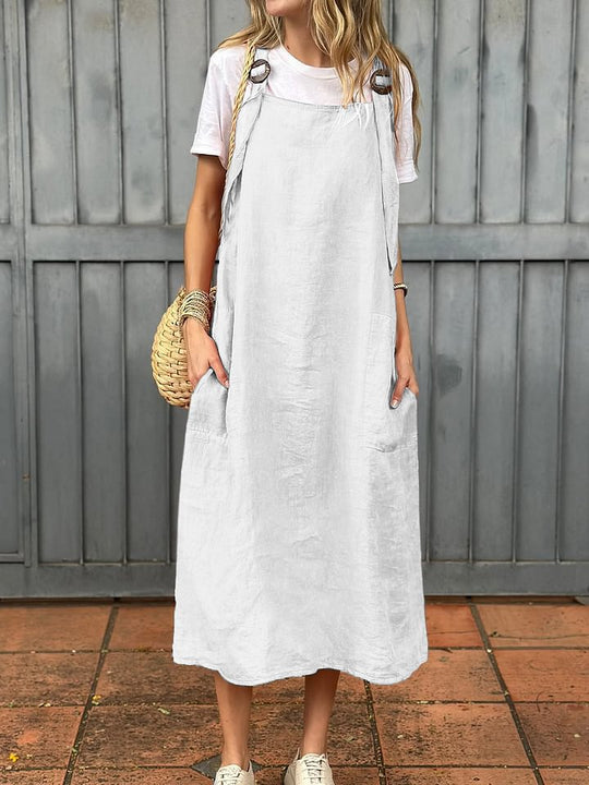 Damen lässiges Leinenkleid mit praktischen Taschen und verstellbaren Trägern R&B