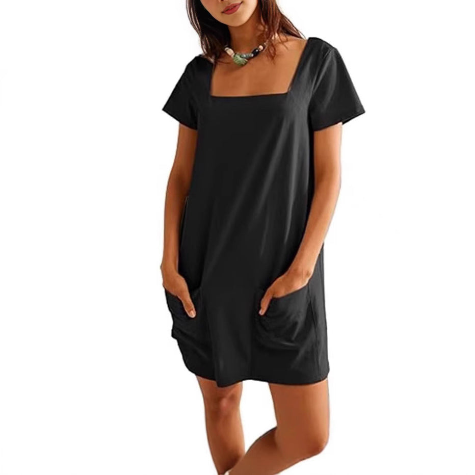 Damen lässiges Tunika-Kleid mit praktischen Taschen und Quadrat-Ausschnitt R&B