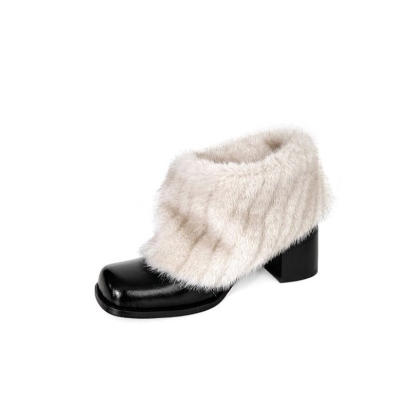 Damen Elegante Stiefeletten mit luxuriösem Kunstfellkragen und bequemem Blockabsatz R&B