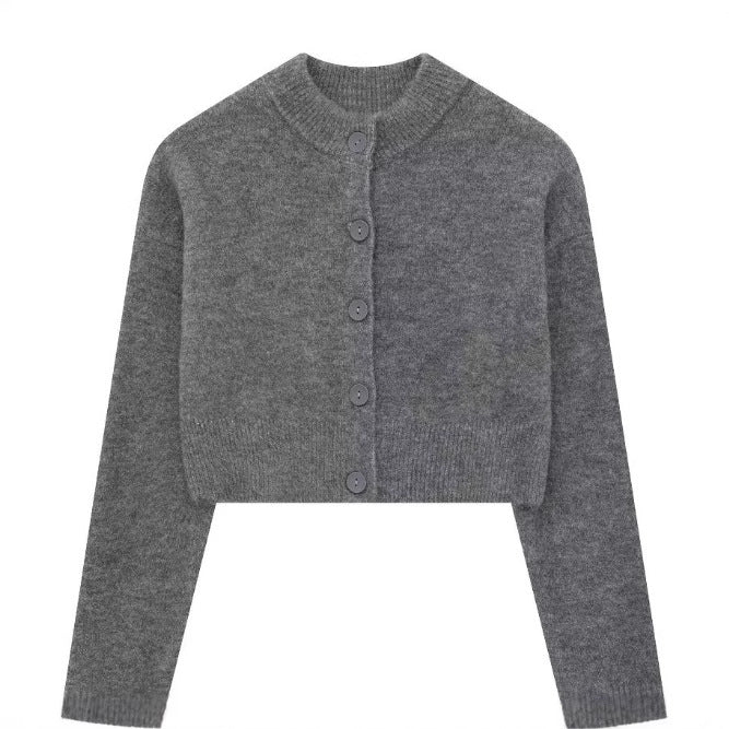 Damen Kurze Strickjacke mit Knopfleiste und Elegantem Rundhalsausschnitt R&B