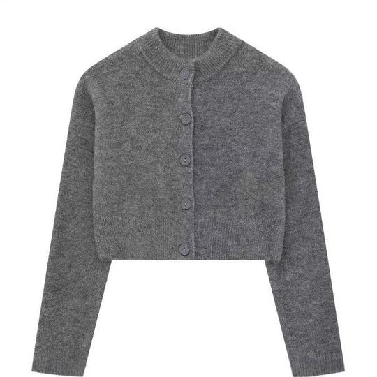 Damen Kurze Strickjacke mit Knopfleiste und Elegantem Rundhalsausschnitt R&B