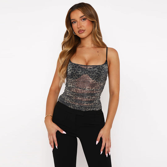 Damen sportliches Spitze Top mit Leopardenmuster R&B