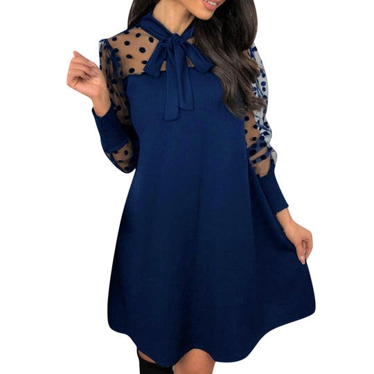 Damen Chiffonkleid mit eleganter Schleife und gepunktetem Design R&B