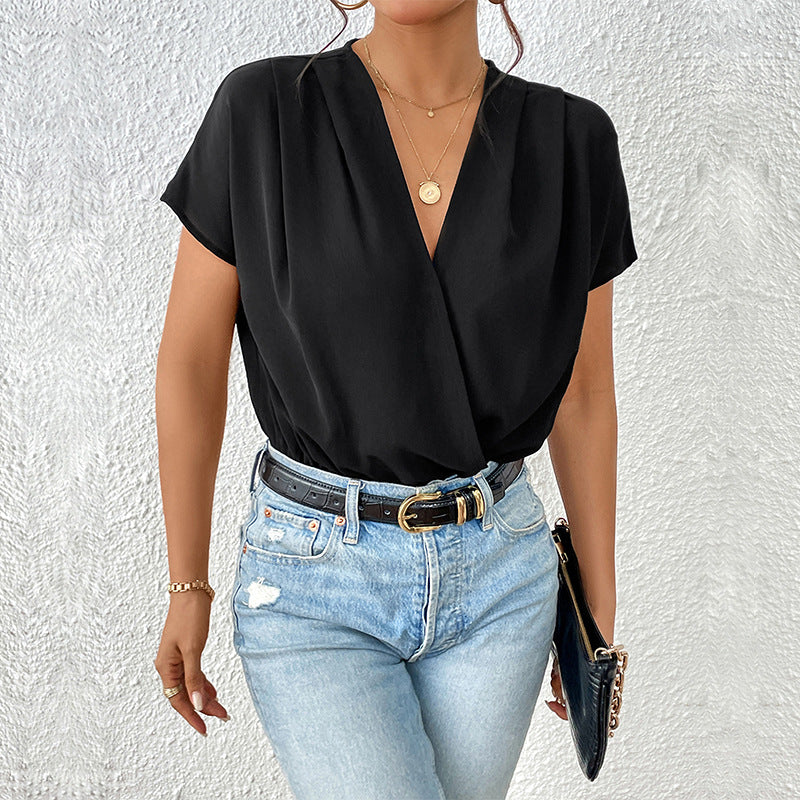 Damen Body mit eleganter Wickeloptik und kurzen Ärmeln R&B