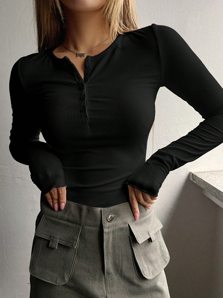 Damen Langarmshirt mit Knopfleiste und feiner Rippstruktur R&B