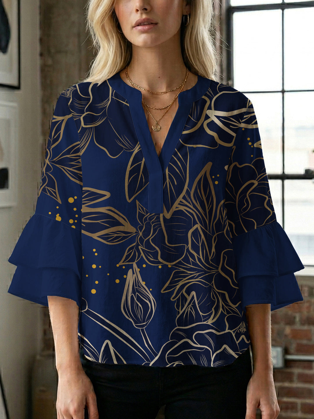 Damen Bluse mit voluminösen Rüschenärmeln und floralem Druck R&B