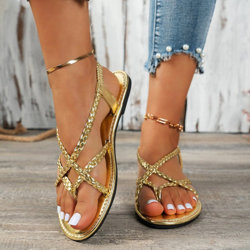 Damen elegante geflochtene Riemensandalen mit trendigem Metallic-Finish R&B