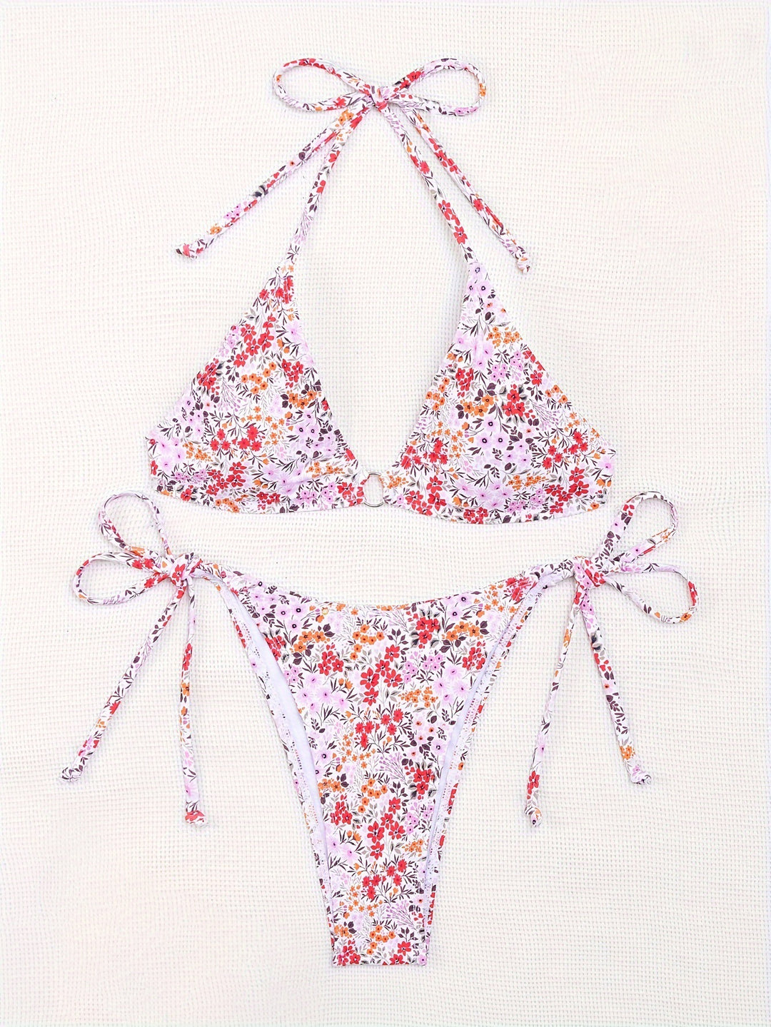 Damen Triangel-Bikini mit floralem Muster und verstellbaren Bindebändern R&B