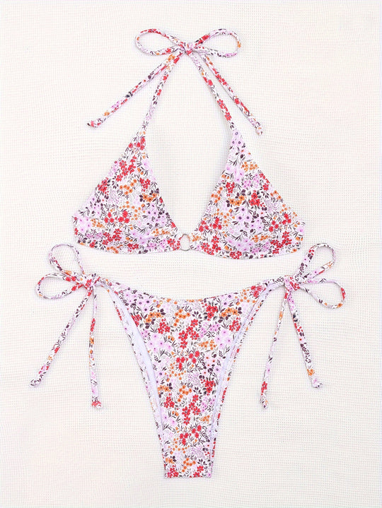 Damen Triangel-Bikini mit floralem Muster und verstellbaren Bindebändern R&B