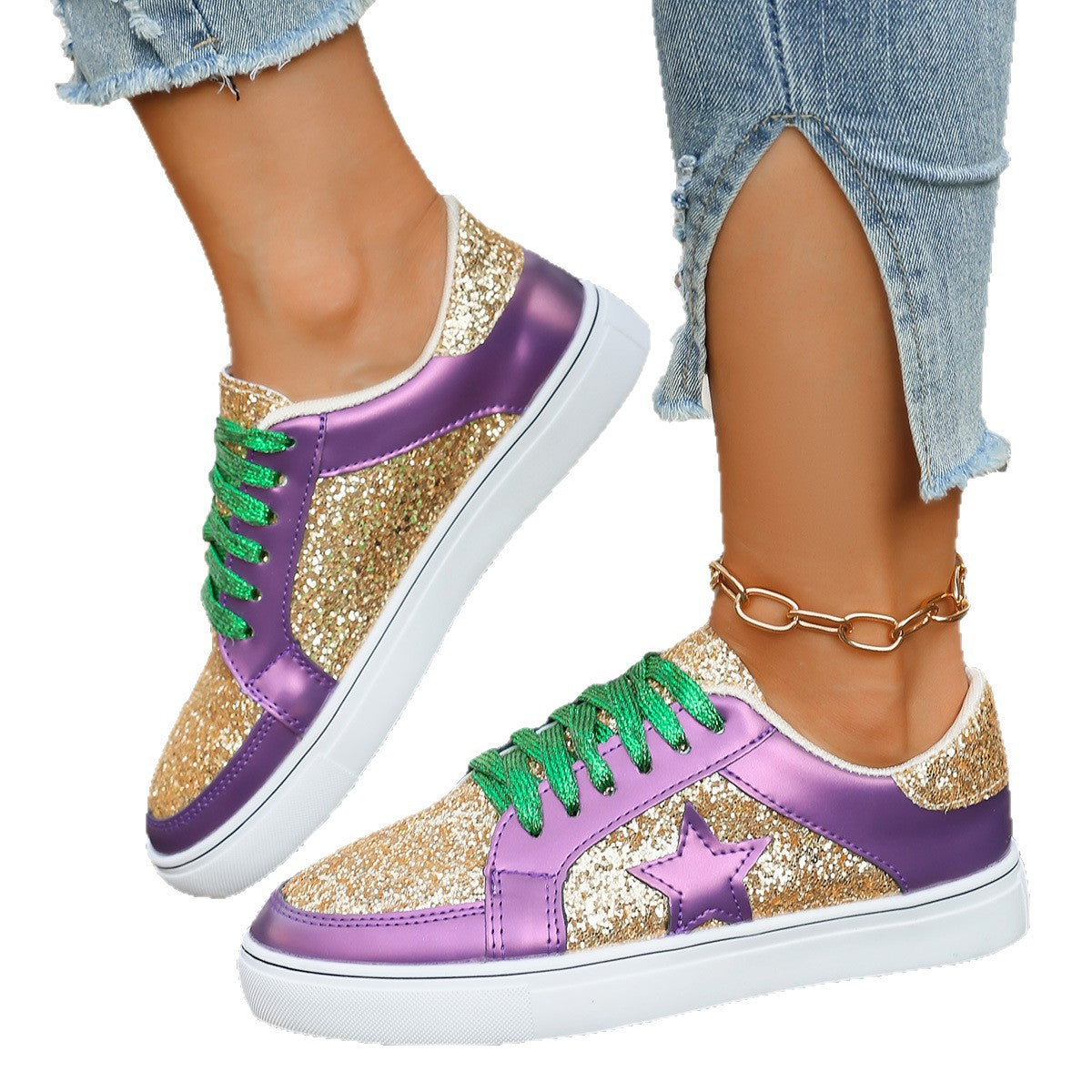 Damen Glitzernde Sneaker mit bunten Schnürsenkeln und weicher Sohle R&B