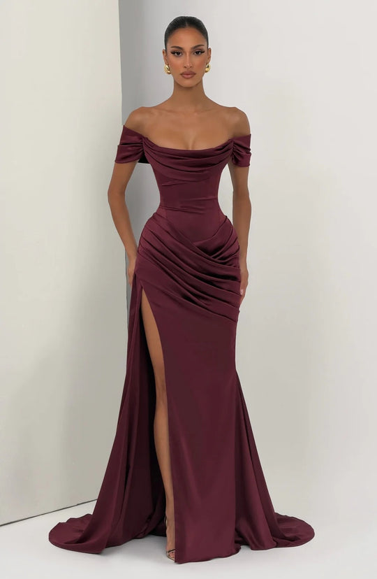 Damen Elegantes Off-Shoulder-Maxikleid mit seitlichem Schlitz R&B