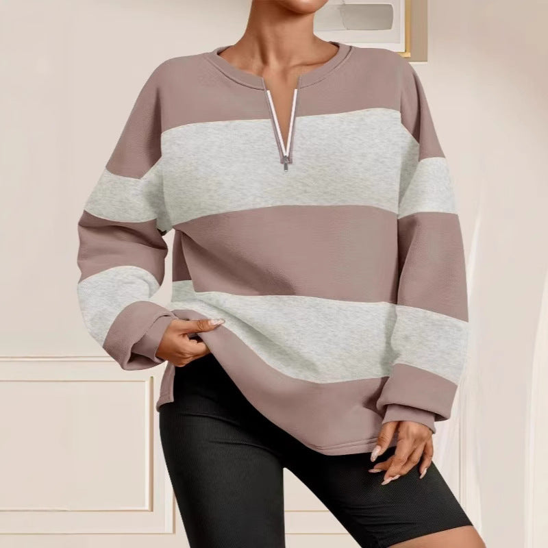 Damen Langarm Sweatshirt mit modernem Reißverschluss und gestreiftem Design R&B