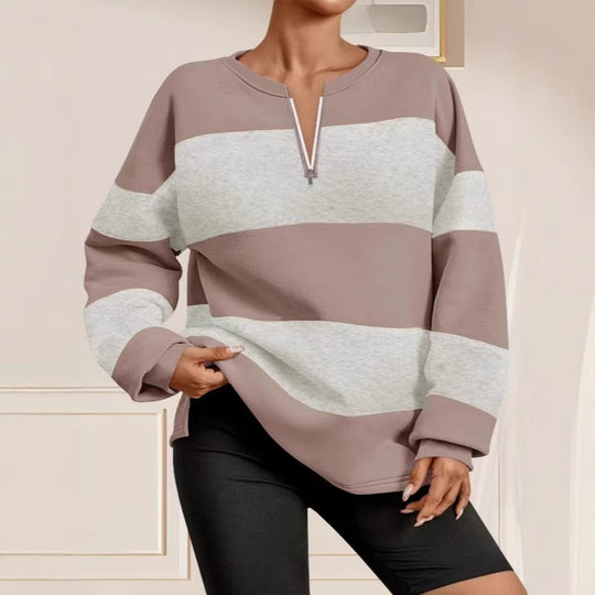 Damen Langarm Sweatshirt mit modernem Reißverschluss und gestreiftem Design R&B