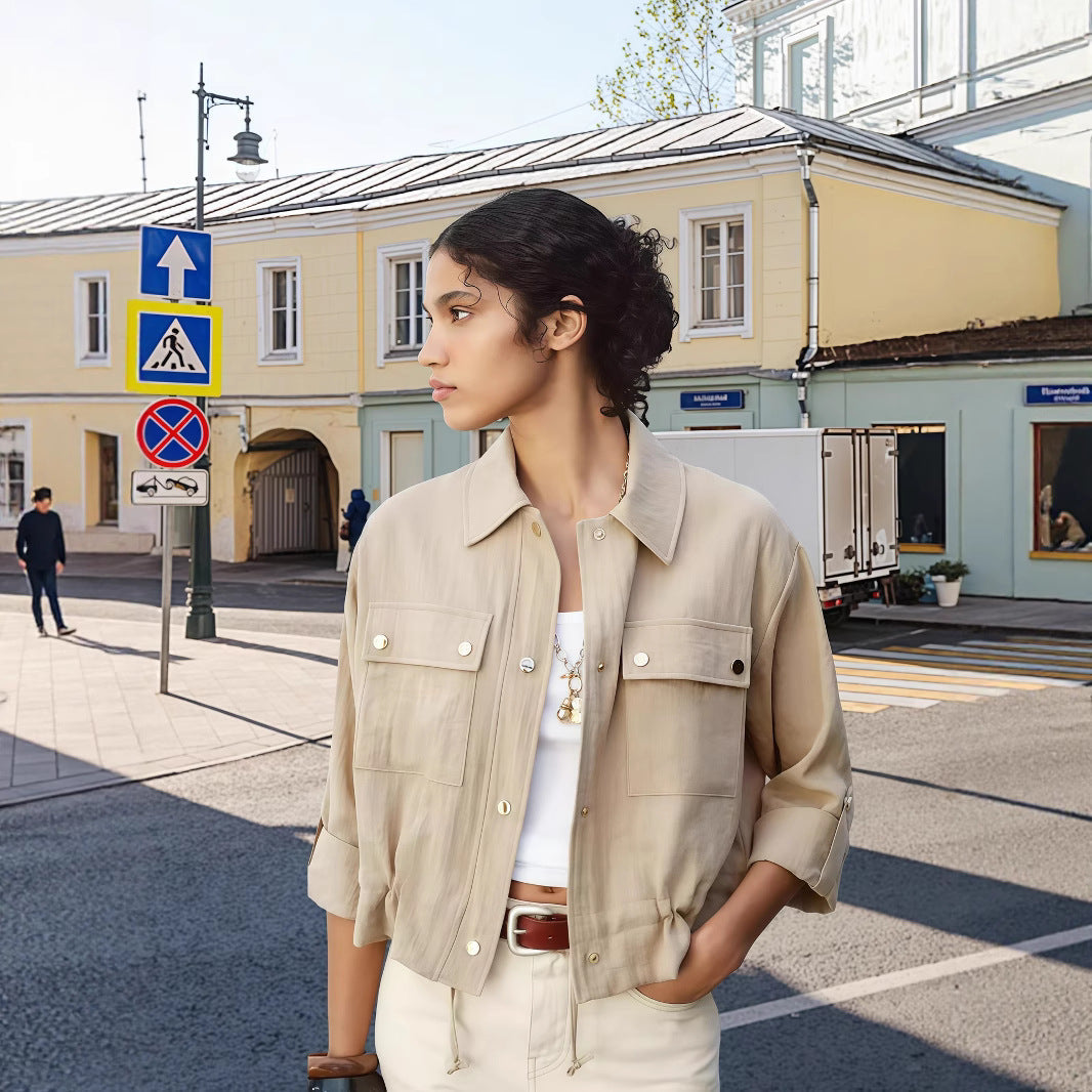 Damen lockere Utility-Jacke mit Taschen R&B