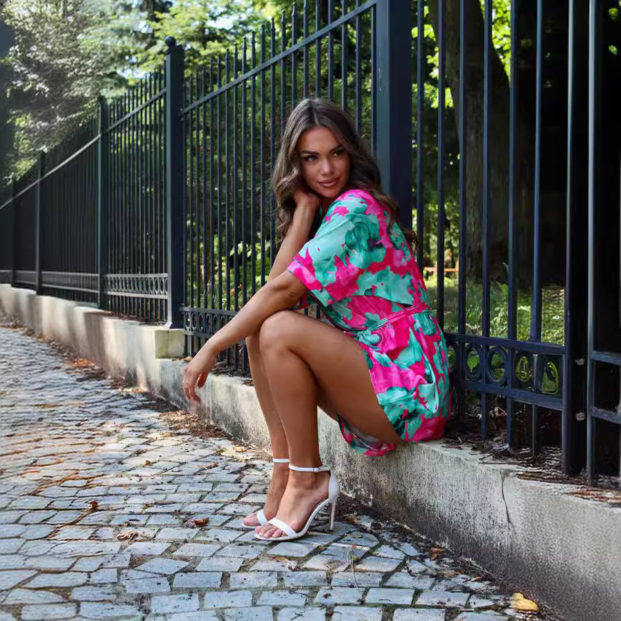 Damen lässiges Strandkleid mit Taillengürtel und floralem Muster R&B