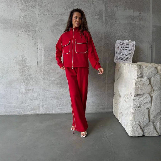 Damen sportliches Fleece-Set mit modischen Kontrasten und praktischen Taschen R&B
