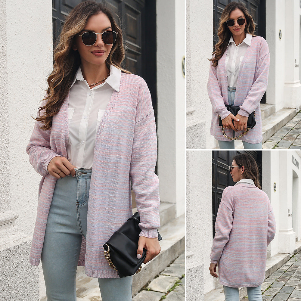 Damen lockere Strickjacke mit modischem Streifenmuster R&B