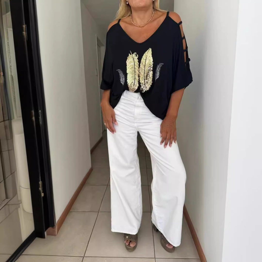 Damen oversized T-Shirt mit eleganter Stickerei und offenen Schultern Heidi-Mode